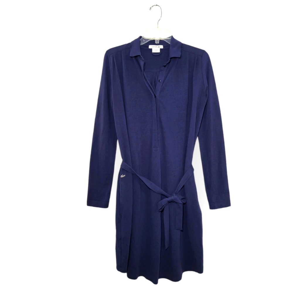 LACOSTE Long-sleeve Polo Shirt Dress Navy Blue with Silver Logo on Hip